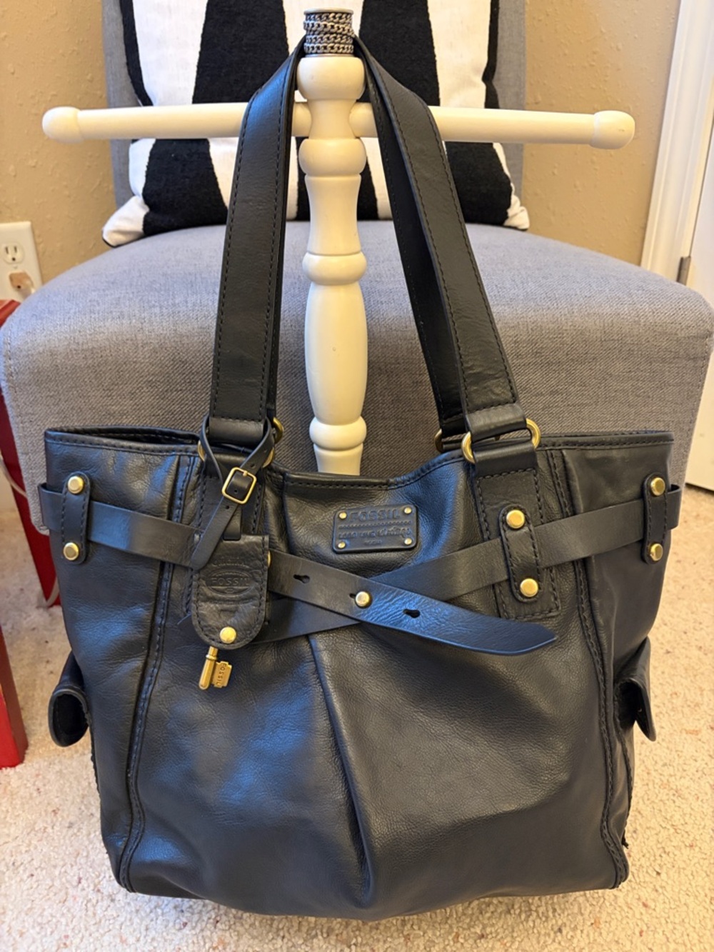 Black Leather Tote with Gold Hardware - Logo Plaque